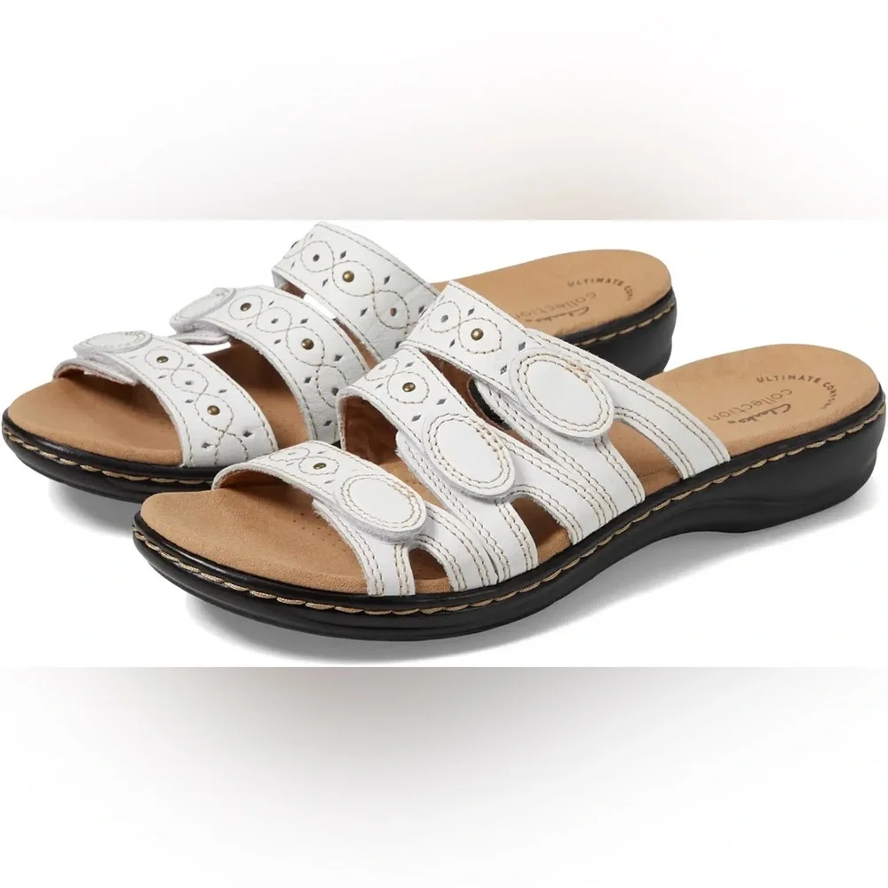 Clarks Women's Leisa Cacti Q Slide Sandals in White Leather Comfort Size 8